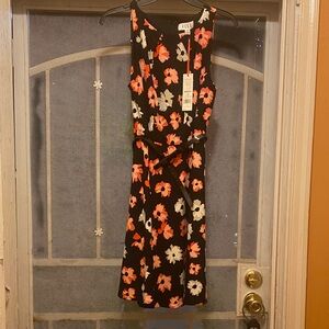 Elle Black Midi Dress with Coral and White Floral Print